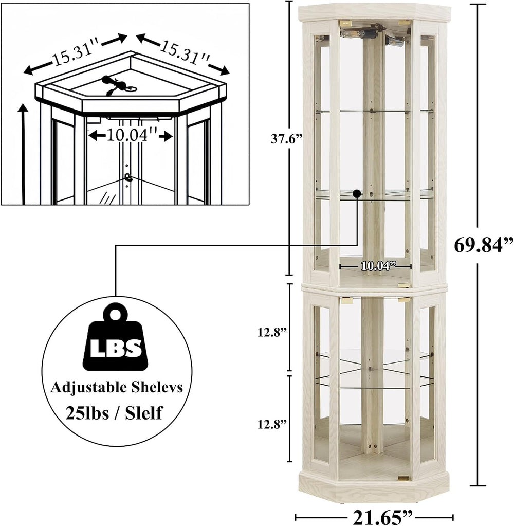 69" H Lighted Curio Cabinet Corner Display Case,Corner Glass Cabinet wit...