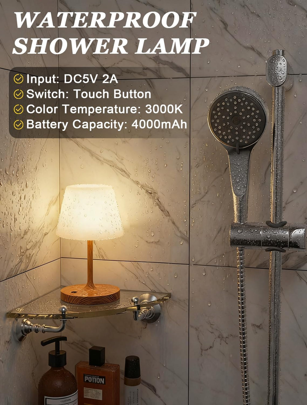 Shower Lamp IP54 Waterproof, Cordless Rechargeable Table Lamp, Outdoor Use