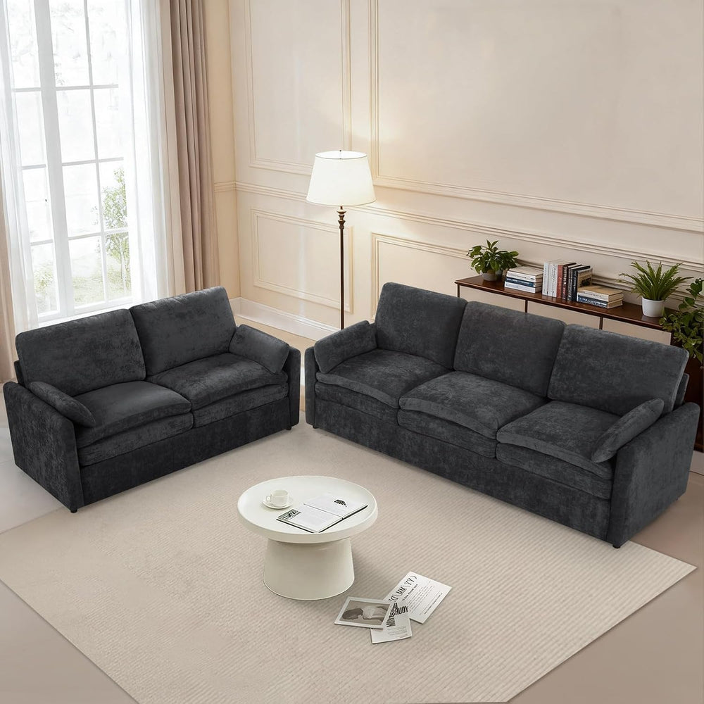 Comfy Chenille Sofa Set with Well-Filled Pillows, Dark Grey