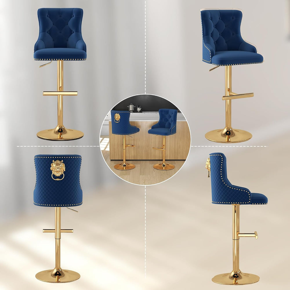 Velvet Bar Stools Set of 4, Adjustable Height, Gold Metal Base, Blue