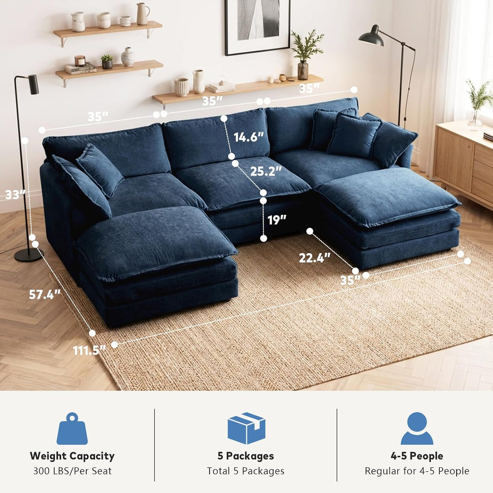 111.5" Modular Sofa 3-Seater Chenille Couch with 2-Ottoman,Blue