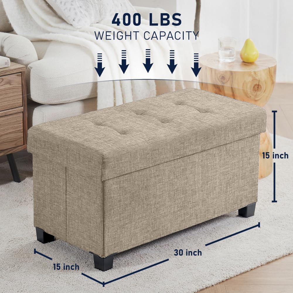 Ornavo Home 30" Large Storage Ottoman Bench with Legs, Taupe