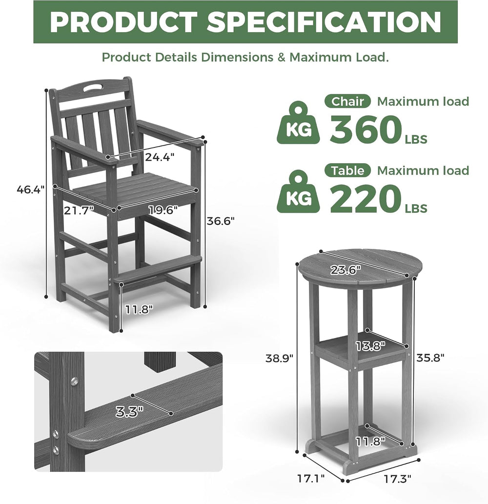 Outdoor Bistro Bar Set, Patio High Top Table and Bar Height Tall Adirondack C...