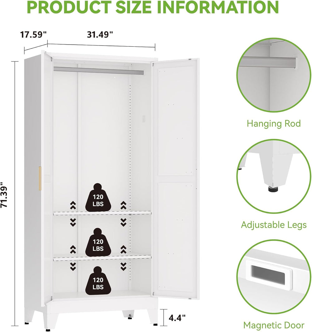 Baborokic Metal Armoire Wardrobe Closet with Hanging Rod,71H Metal Cabinet wi...
