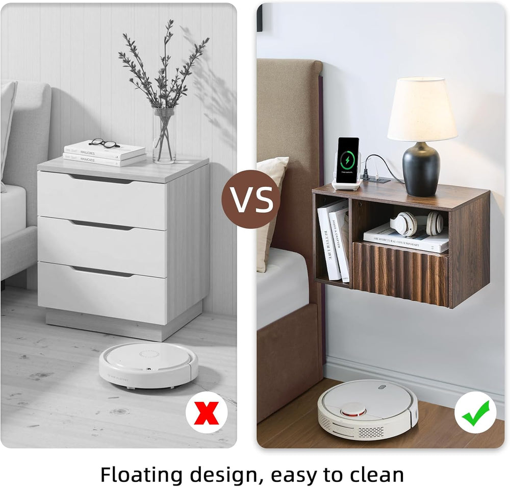 BuildHom Floating Nightstand Set of 2 with Charging Station, Walnut