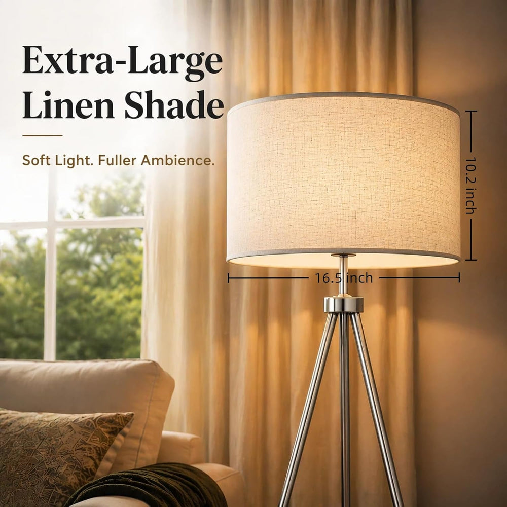 JOOFO Modern Metal Tripod Floor Lamp with Remote, 16.5" Linen Shade