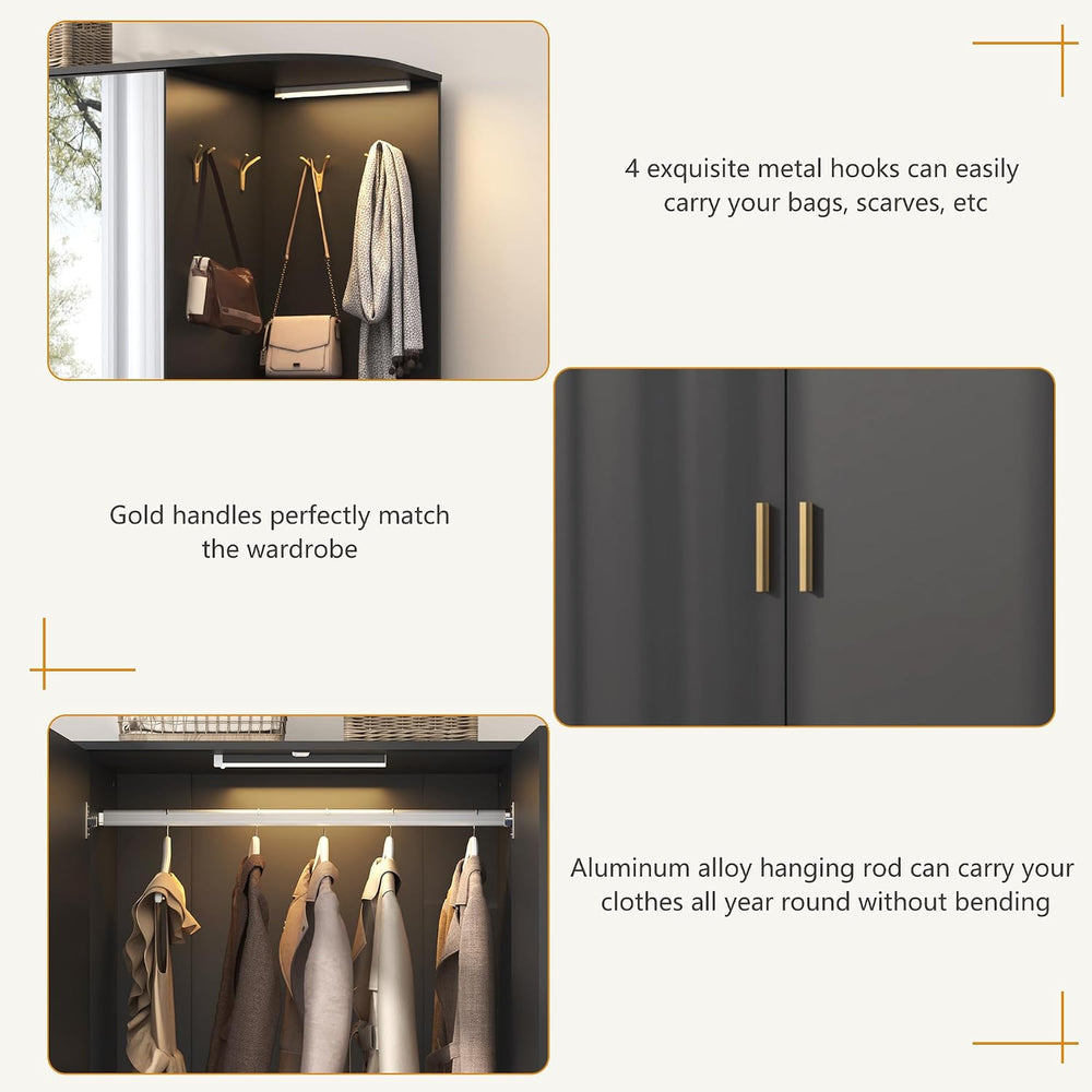 XVD Armoire Wardrobe Closet with Mirror & Sensor Light, Bedroom Armoire w...