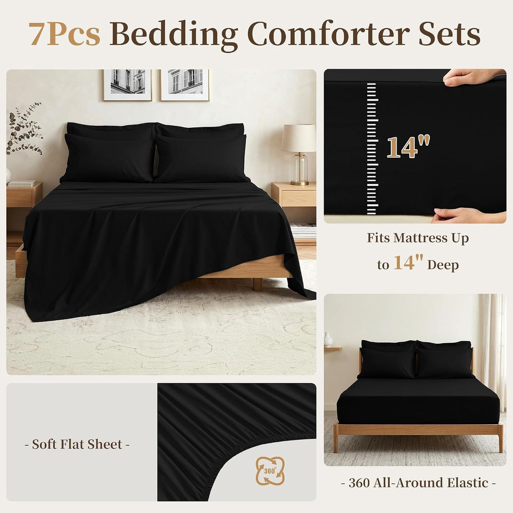 Queen Comforter Set 7 Piece with Lightweight Comforter, Black