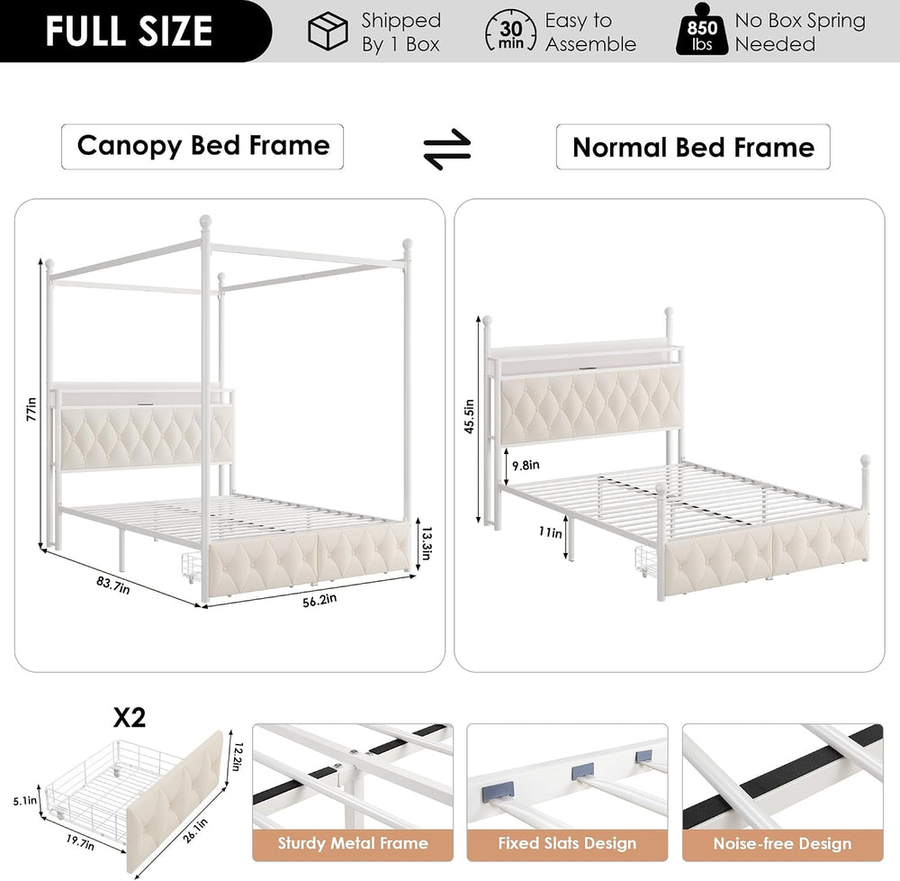 HIFIT Full Size LED Canopy Bed Frame with Storage & Charging Station, Beige