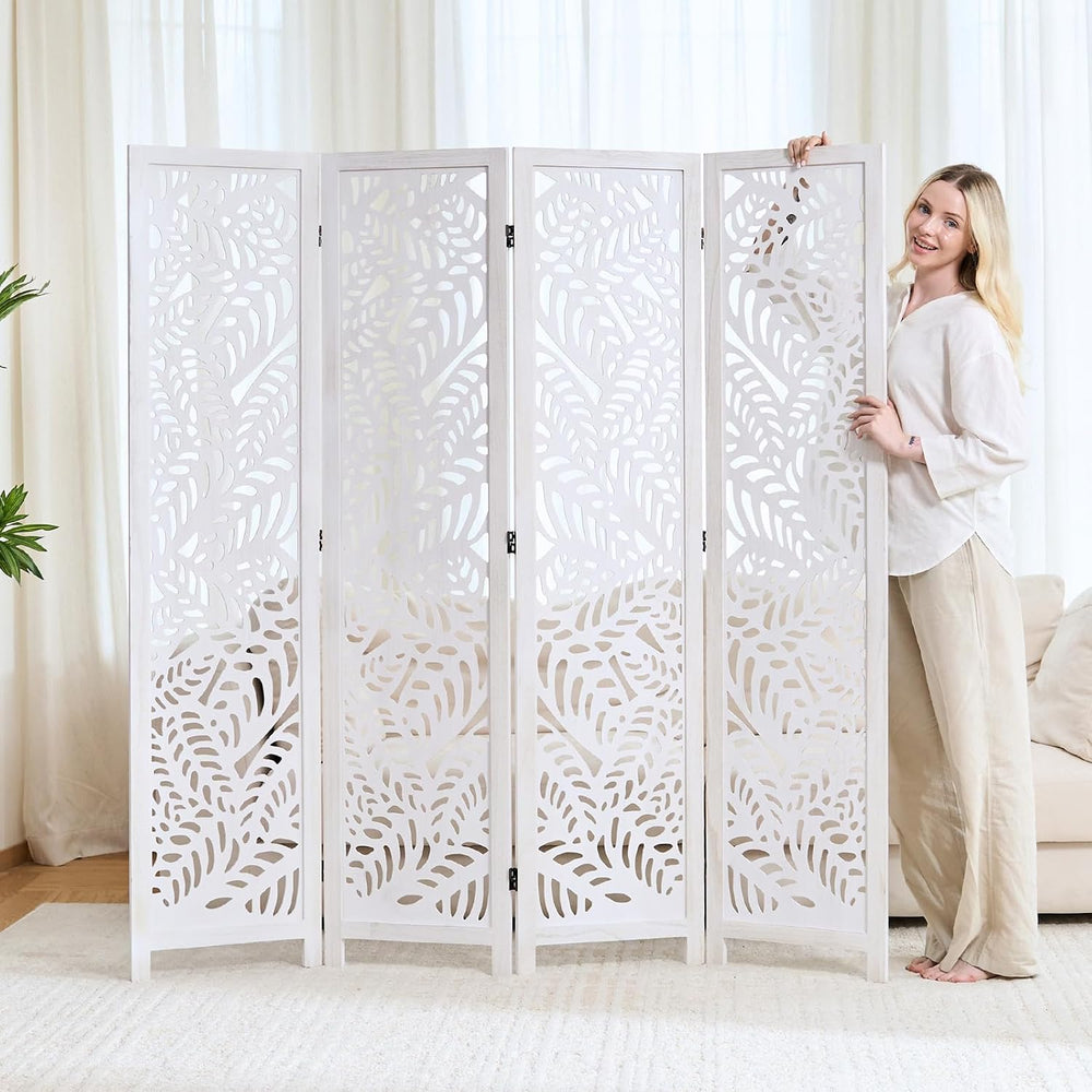 Leaf-Carved Room Divider Privacy Screen - 67 Inch Tall Foading Decorative Woo...