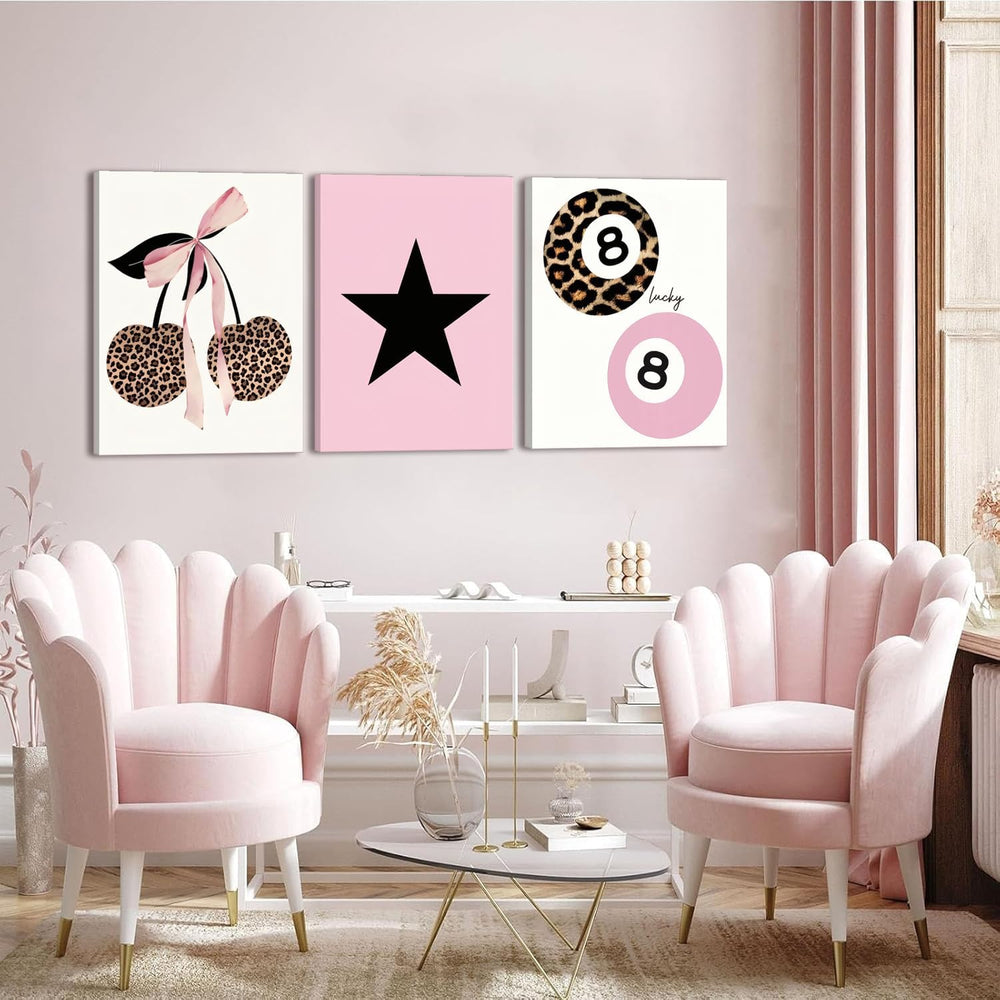 Trendy Pink Leopard Bow Canvas Wall Art Set of 3 Funky Cherry Lucky 8 Ball Po...