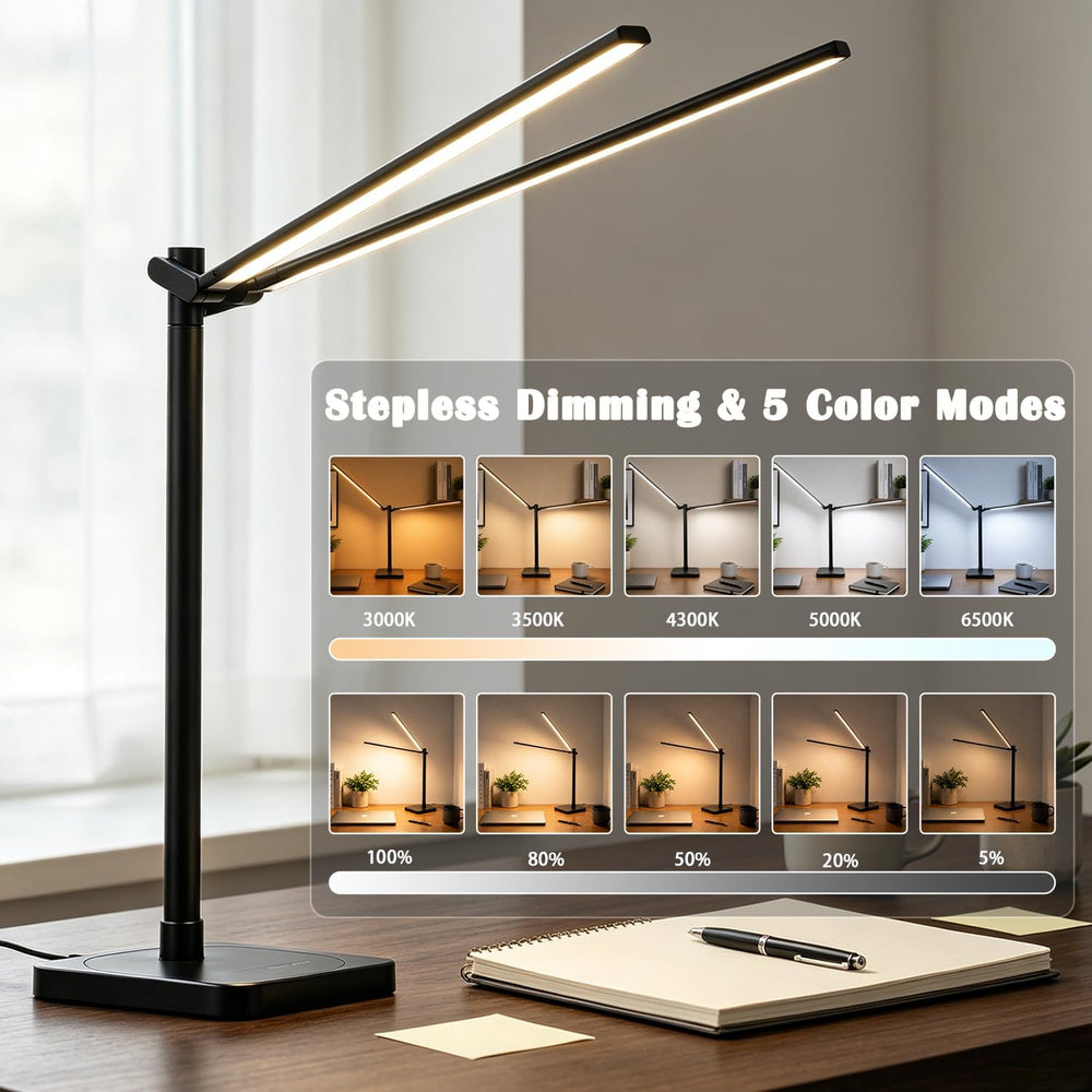BOHON Desk Lamp for Home Office Dual Head 24W Swing Arm Task Lamp Black