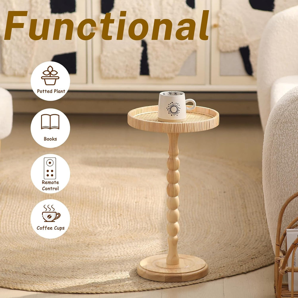Small Side Table，Rattan Round Drink Tables for Small Spaces, Boho Circle Acce...