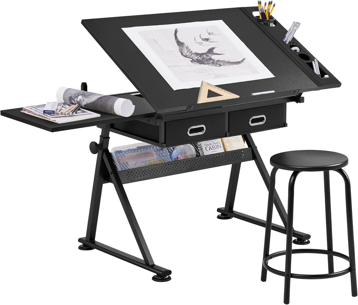 Yaheetech Adjustable Drafting Table Art Desk,Storage Drawers & Stool,Black