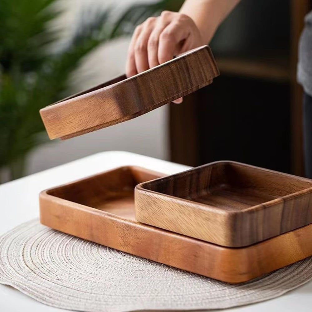2 Piece Set Acacia Wood Snack Bowl, 5.9" Square Wooden Serving Tray with...