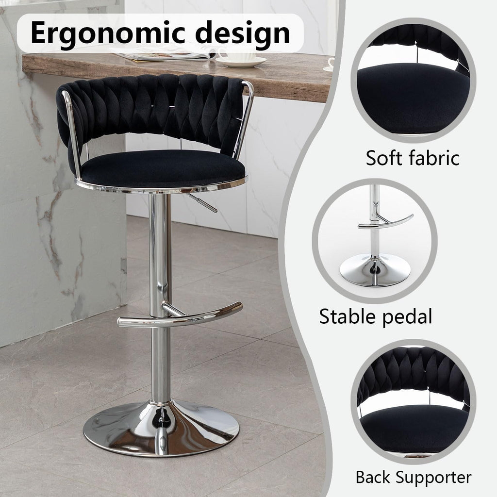 Canxkun Velvet Bar Stools Set of 4, Counter Height Bar Stools with Low Back, Modern Adjustable Height Barstools, Swivel Bar Chairs for Kitchen Island, Pub (Black)