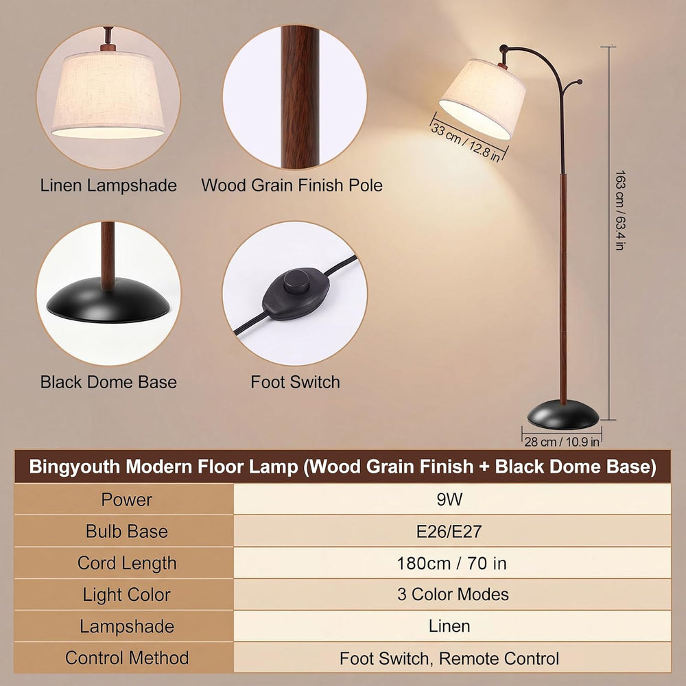 Floor Lamp, 9W 850lm Smart LED Arch Floor Lamp - Wood Grain Base