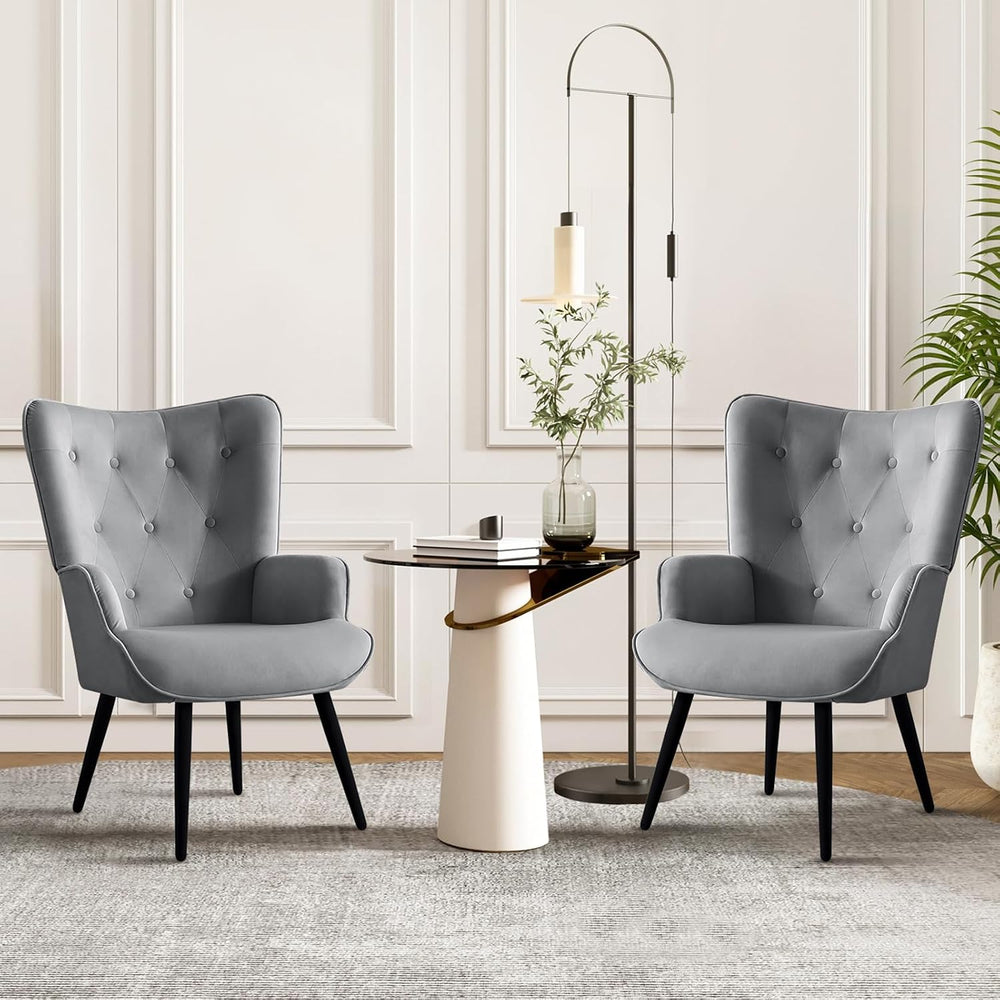 Furnimart Accent Chairs Set of 2, Grey Velvet Chair Reading Chair Armchair wi...