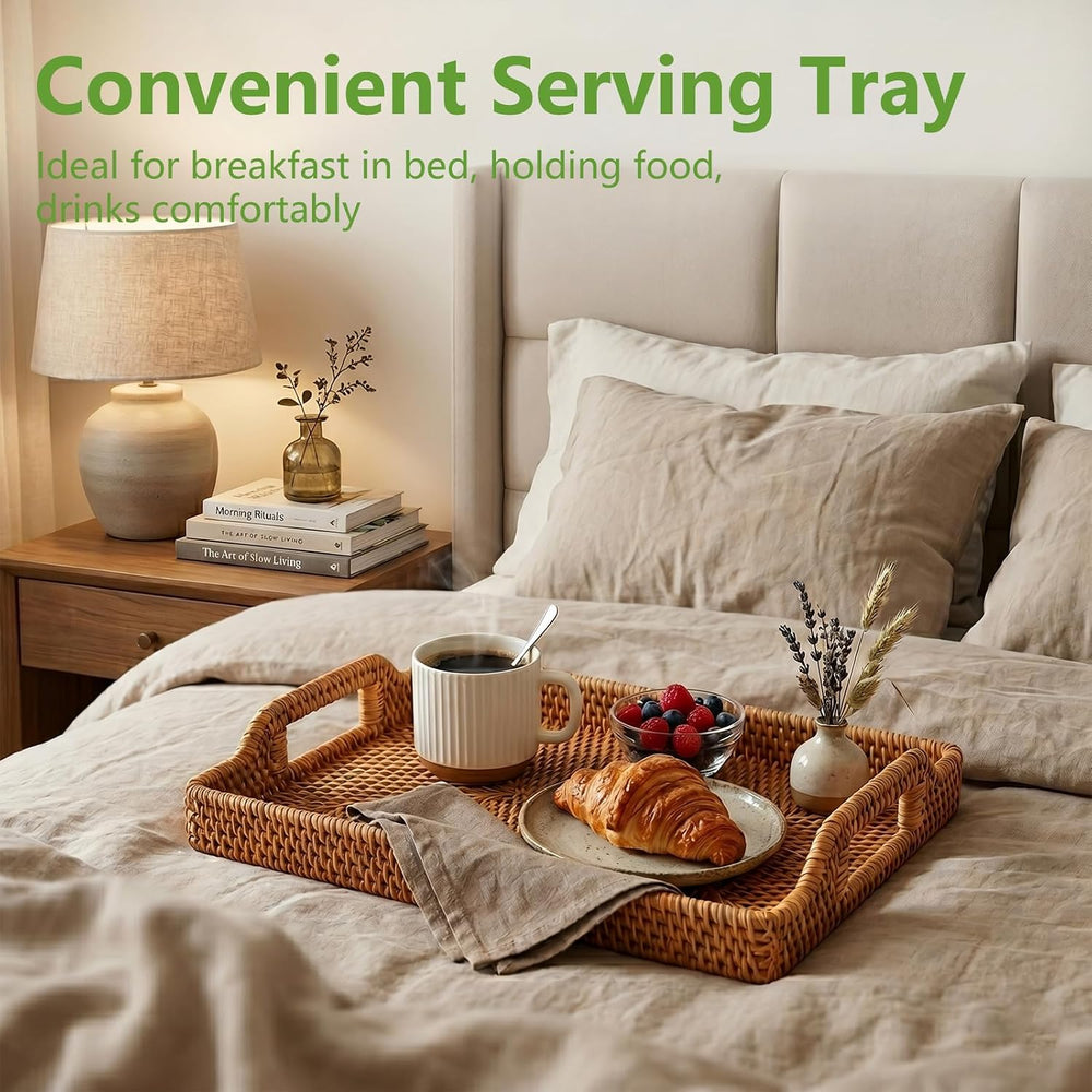 Rattan Serving Tray, Rectangle Woven Wicker Tray for Breakfast