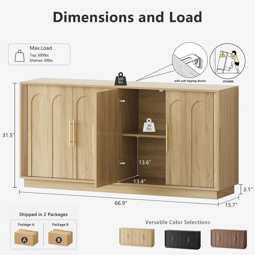 FORTUNETEC 67" Sideboard Buffet Cabinet with Storage, Arched Doors, Oak