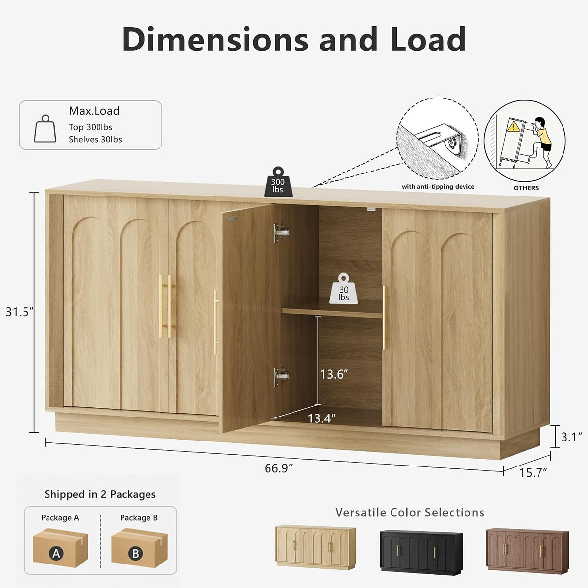 FORTUNETEC 67" Sideboard Buffet Cabinet with Storage, Arched Doors, Oak
