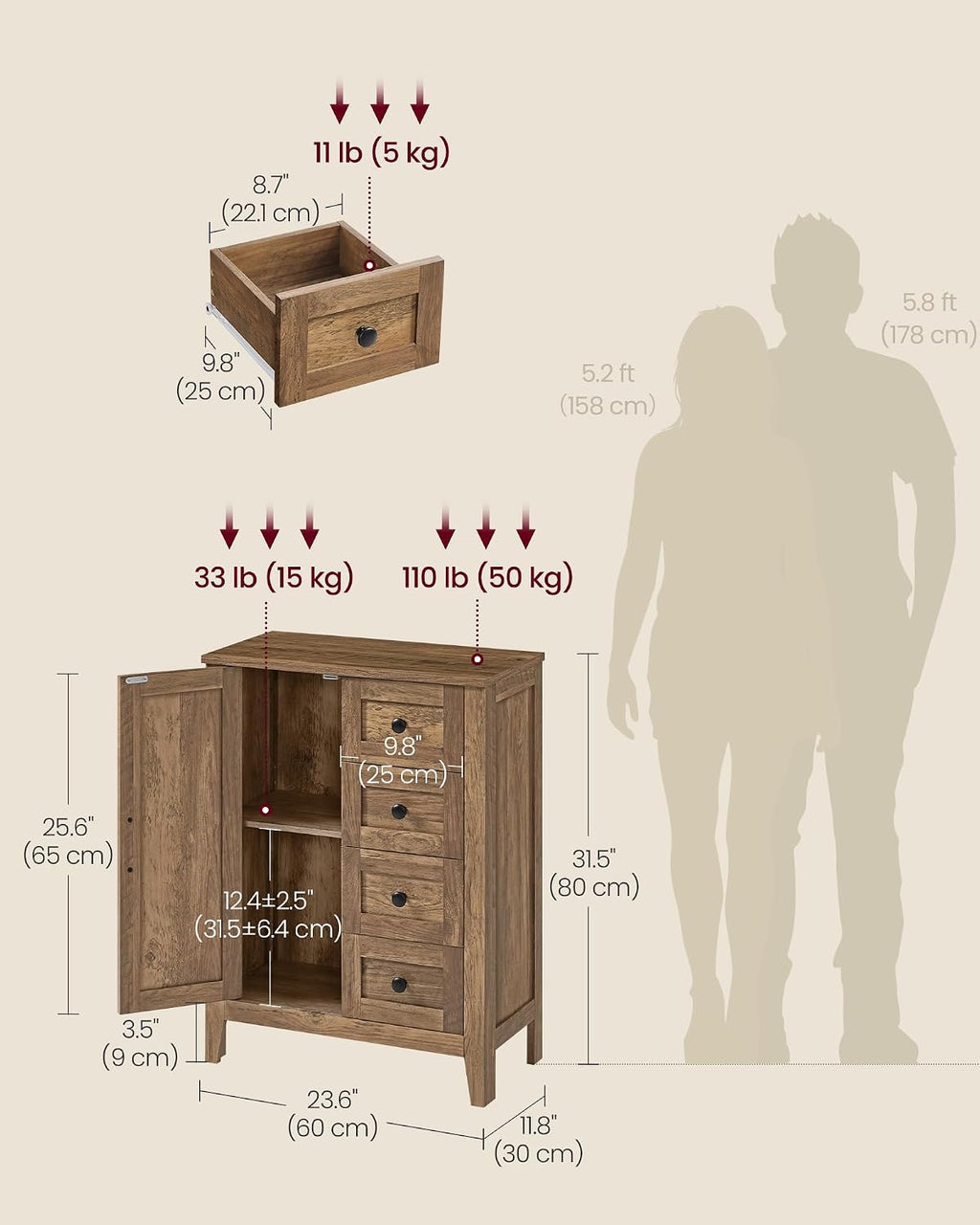 VASAGLE Farmhouse Storage Cabinet with Door, 4 Drawers, Adjustable Shelves