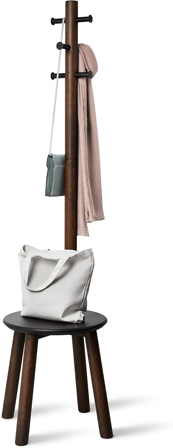 Umbra Pillar Coat Rack with Stool, Freestanding 6 Hooks, Black/Walnut