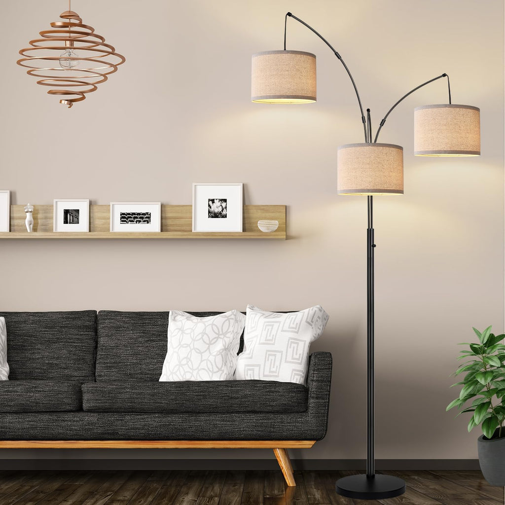 Dimmable 3 Lights Floor Lamp - 3000LM Super Bright Arc Floor Lamps for Living Room, Modern Tall Standing Lamp With Beige Shades, Mid Century Tree Floor Lamp for Bedroom Office, 3 LED Bulbs Included