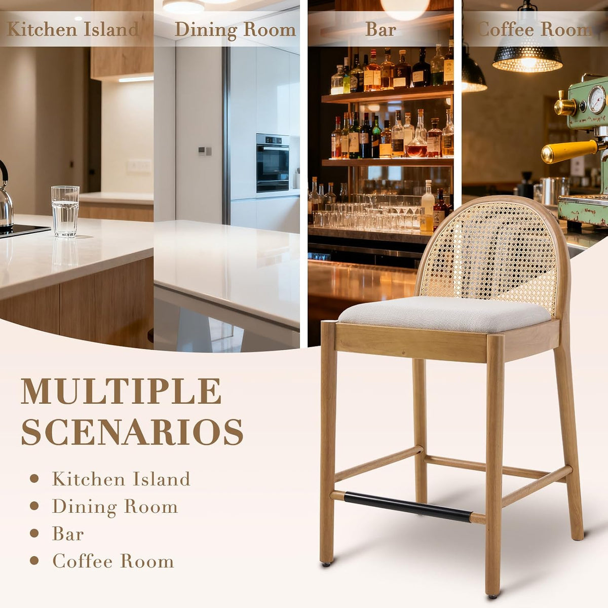HEAH-YO Rattan Bar Stools Set of 2, 26 Inch Wood Counter Stools with Bakcrest, Linen Kitchen Stool for Island, Beige