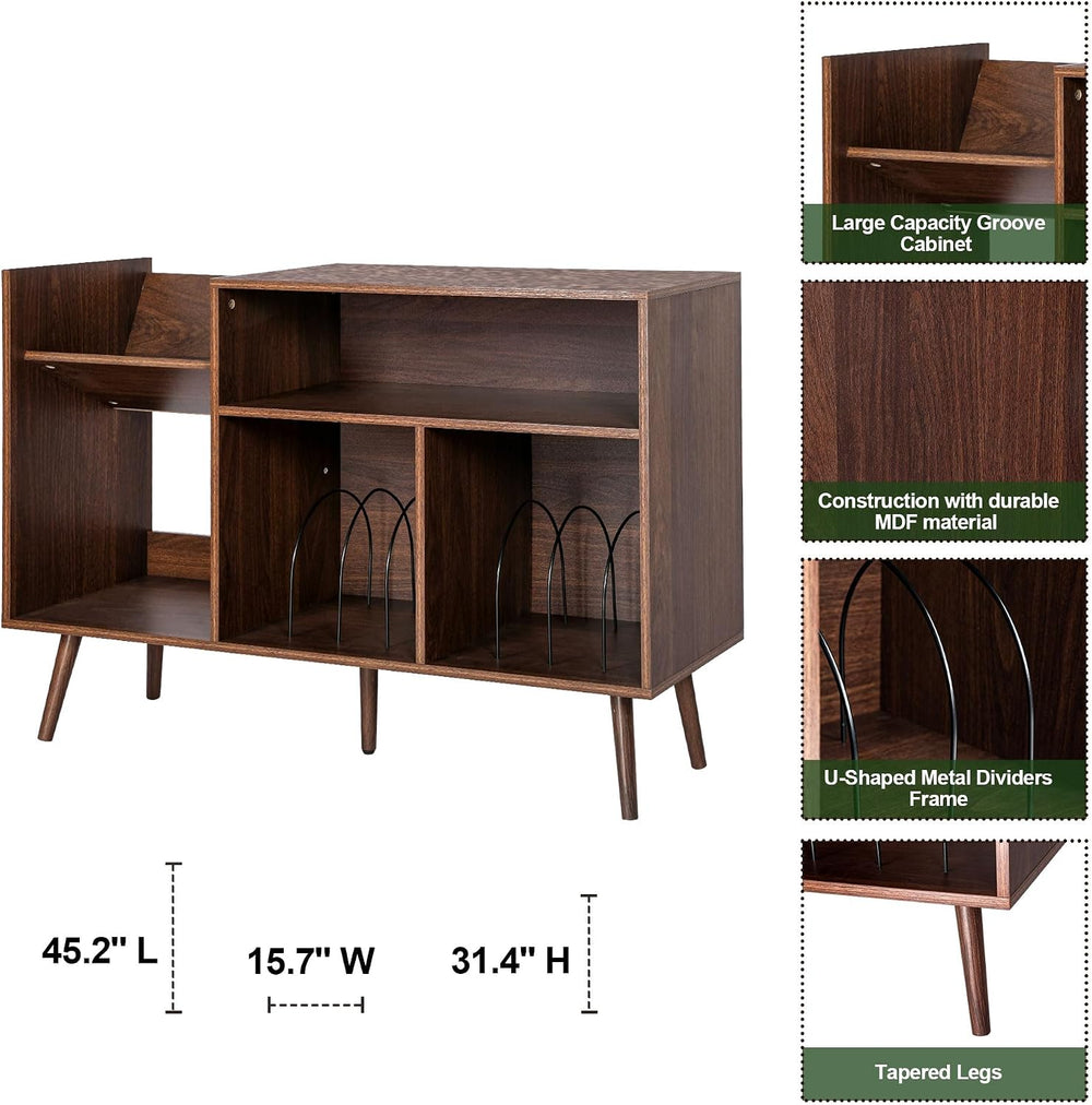 Large Record Player Stand, Mid-Century Vinyl Record Storage Table with Wood L...