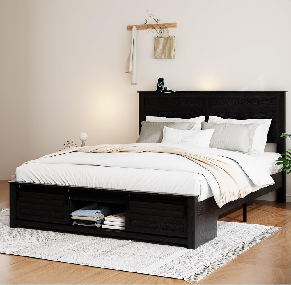 Wooden Queen Bed Frame with Headboard, Farmhouse Storage, Barn Door