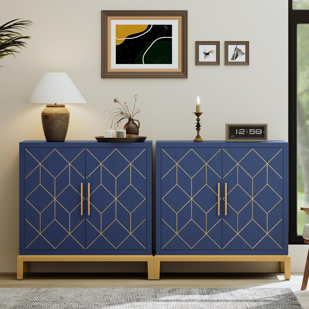 HLR Accent Cabinet with Gold Trim,Storage Cabinet with 2 Doors,Modern Wooden Sideboard for Living Room, Kitchen, Office and Hallway,Blue