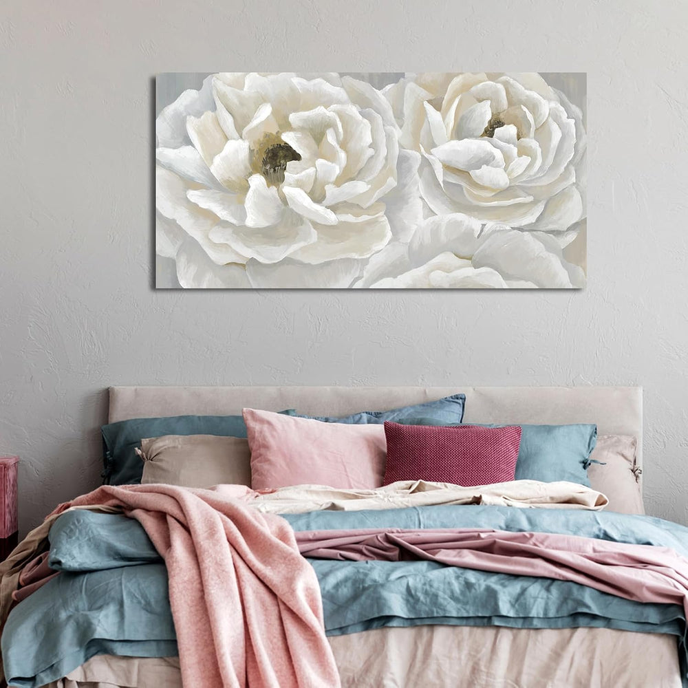 Cream White Flower Wall Art Elegant Botanical Painting Prints, 24"x48"