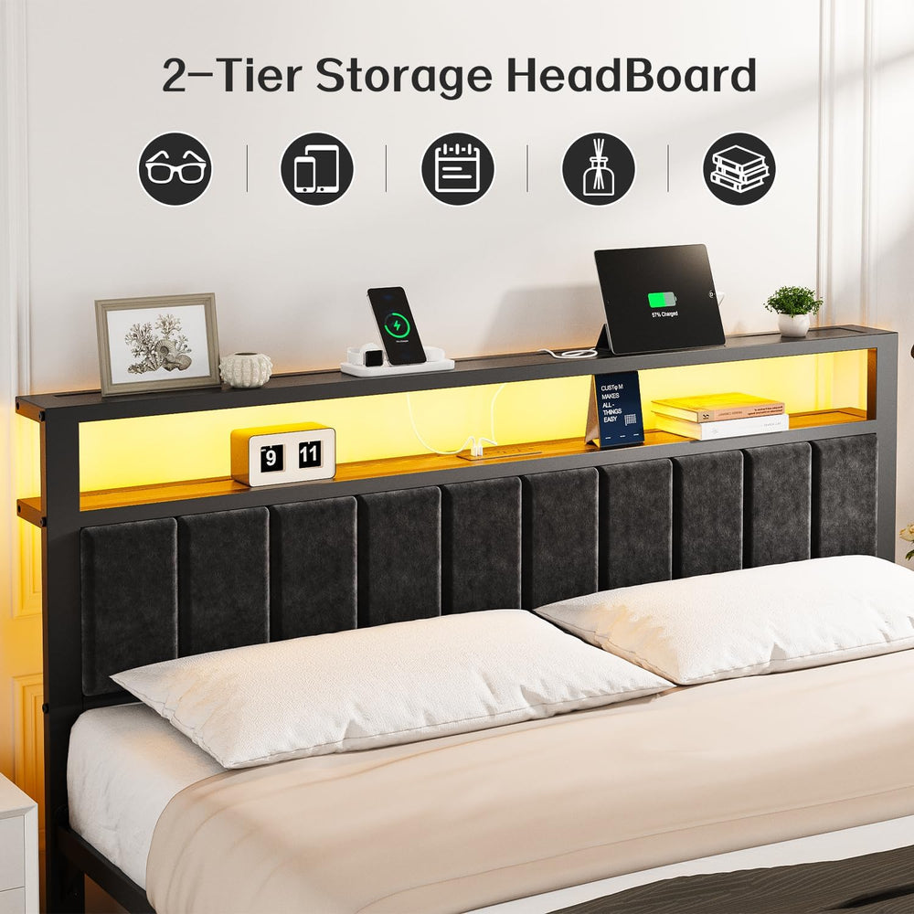 OLEVS King Bed Frame with Charging Station & LED Lights Modern Platform Bed