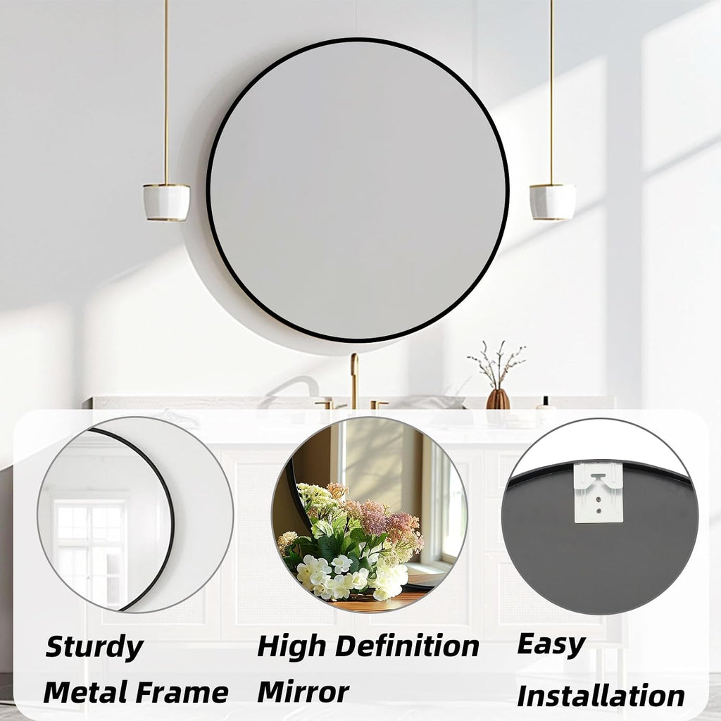 Round Mirror 30 inch, Circle Black Mirror, Matte Black Metal Frame