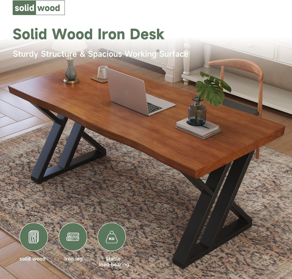 63inch Solid Wood Desk with Metal Legs, Rustic Brown, Industrial Style Writin...