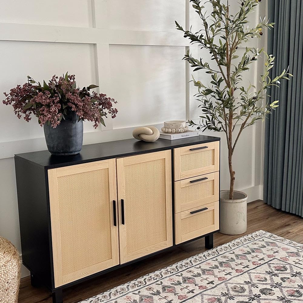 PHI VILLA Black Rattan Cabinet with Doors, Buffet Sideboard Cabinet with Drawers, 2 Door Storage Cabinets