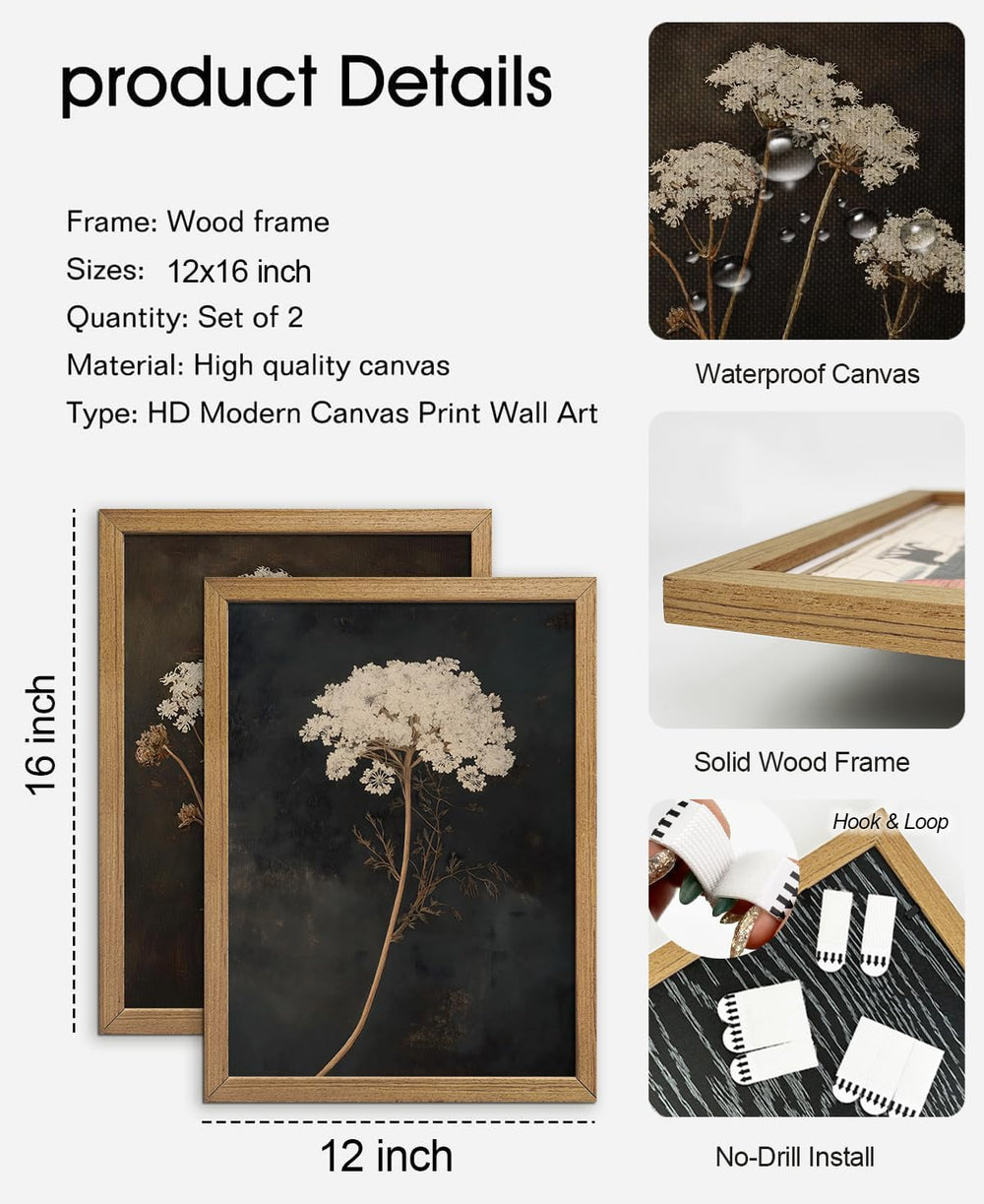 Framed Moody Botanical Wall Art Set of 2, Vintage Wildflower Canvas Prints,Ru...