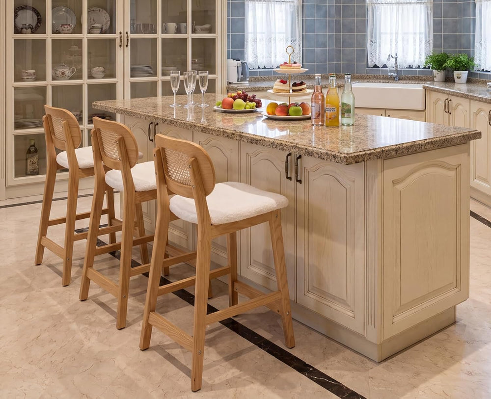 EALSON Rattan Counter Height Bar Stools Set of 3 Modern Farmhouse Barstools w...