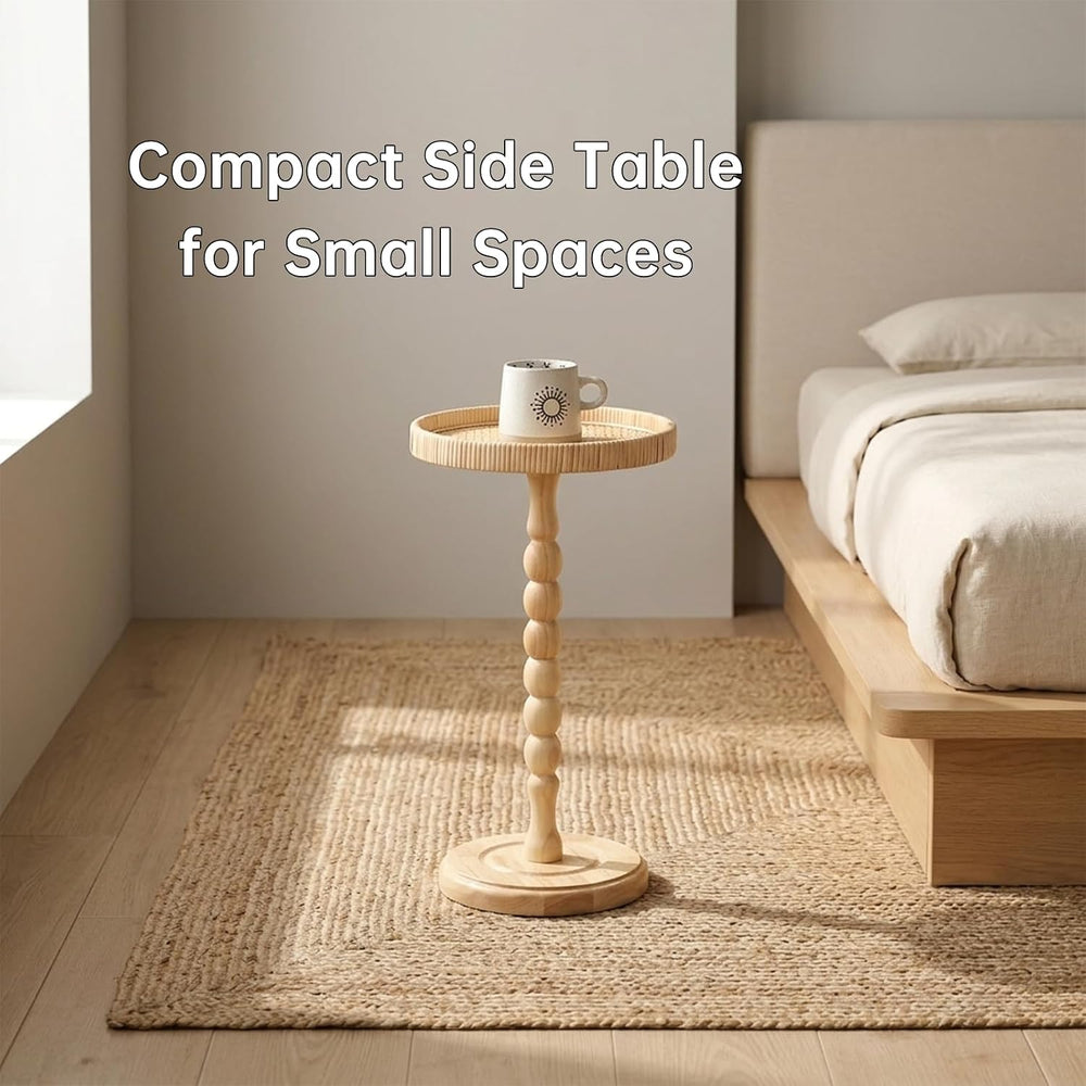 Small Drink Table, Rattan Round Side Table for Small Spaces, Boho Accent Tabl...