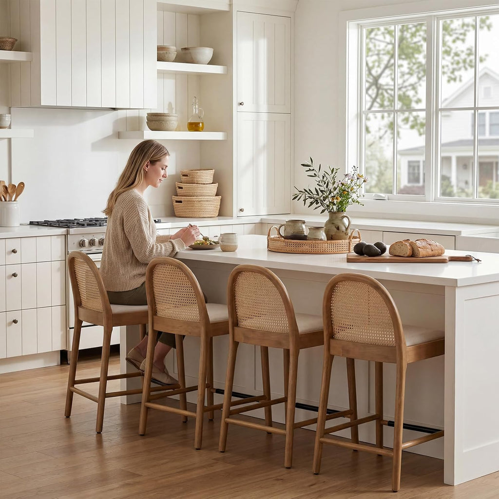DUOMAY Modern Counter Stools Set of 4, 26 Inch Seat Height Counter Height Barstools Wooden Linen Upholstered Bar Stools with Oval Rattan Backrest Armless Kitchen Island Stool Chair, Beige