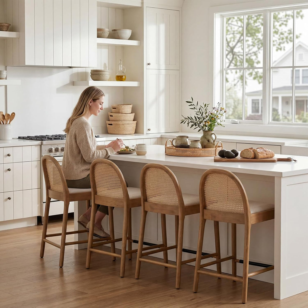 DUOMAY Modern Counter Stools Set of 4, 26 Inch Seat Height Counter Height Barstools Wooden Linen Upholstered Bar Stools with Oval Rattan Backrest Armless Kitchen Island Stool Chair, Beige