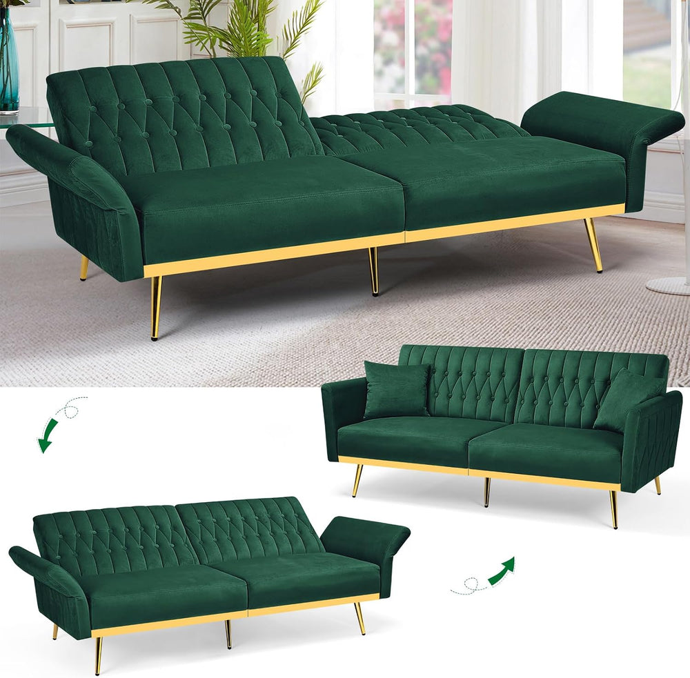 2 Pieces Velvet Sofa Set with Adjustable Armrest and Backrests, Green