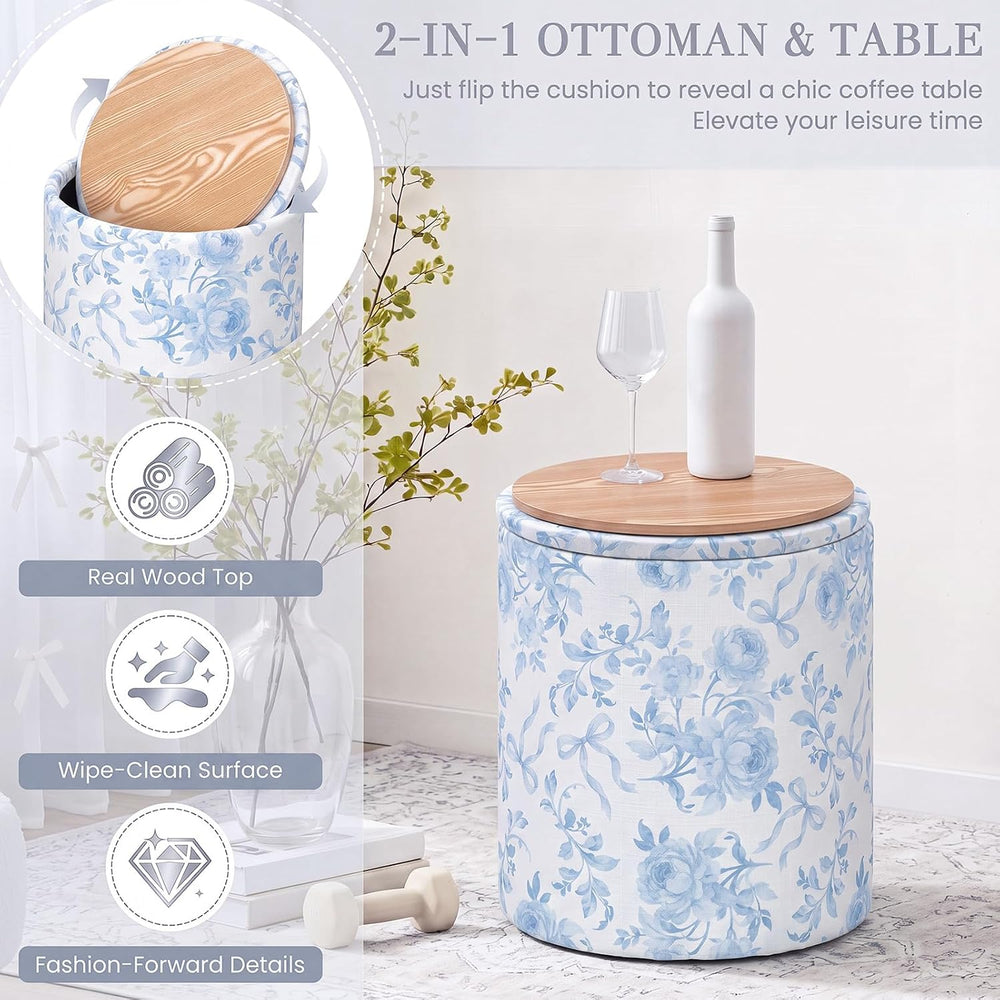 Geetery 2 Pcs Dorm Ottoman with Storage Blue Bow Floral Round Ottoman