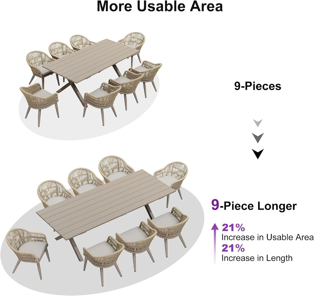 PURPLE LEAF 9 Pieces Patio Dining Set with Longer Table, Champagne