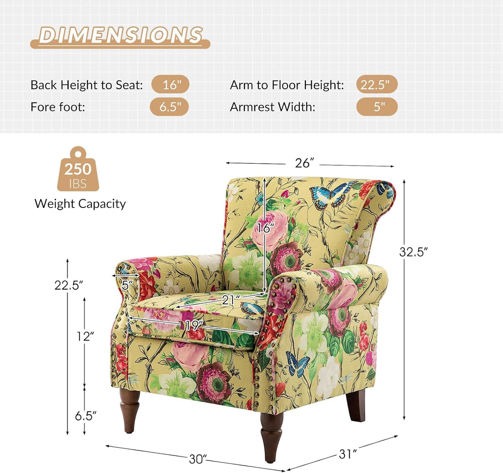 HULALA HOME Traditional Floral Accent Chair with Solid Wood Legs, Mustard