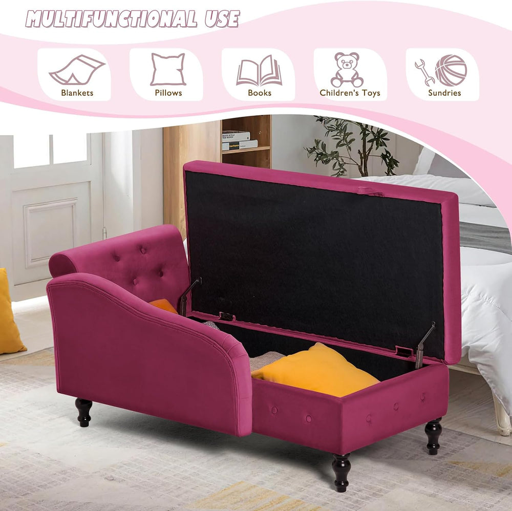 Velvet Chaise Lounge w/Right Armrest & Storage Space, Fuchsia