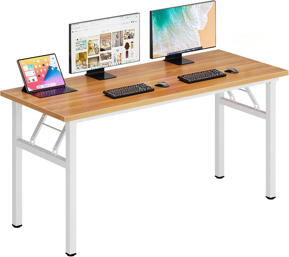 DlandHome 62 Inch Large Folding Computer Desk, Fully Assembled, Teak White