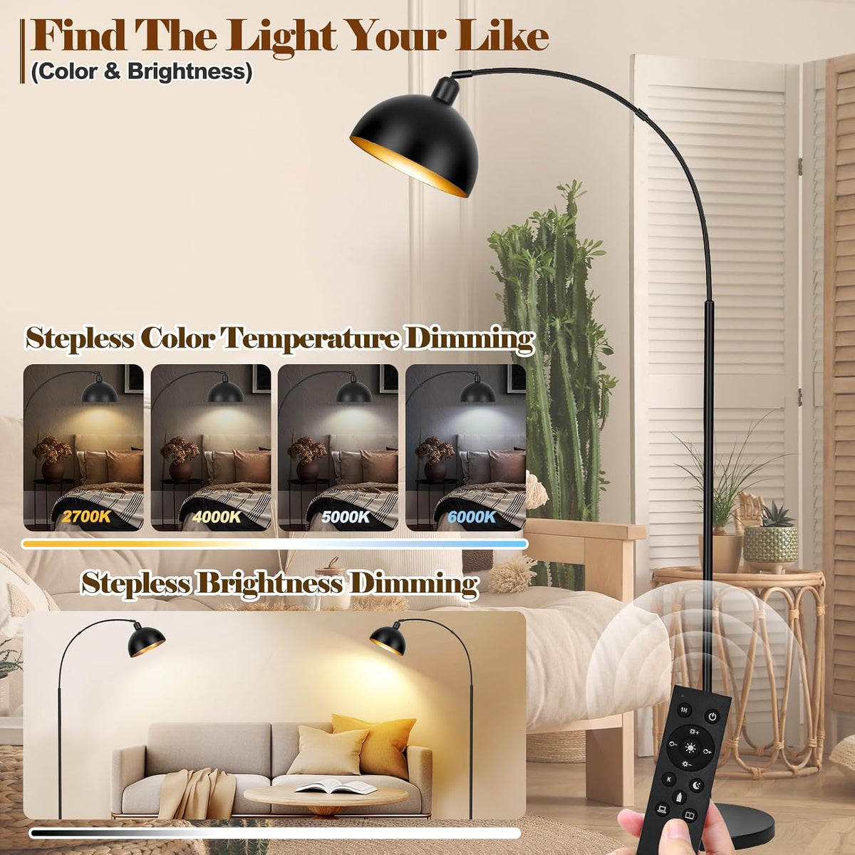【Upgraded】Black Arc Floor Lamps for Living Room - Dimmable Arched Floor Lamp with Remote Control & 2700-6000K 9W LED Bulb Included, Modern Arch Standing lamp, Industrial Tall Lamp for Bedroom Reading