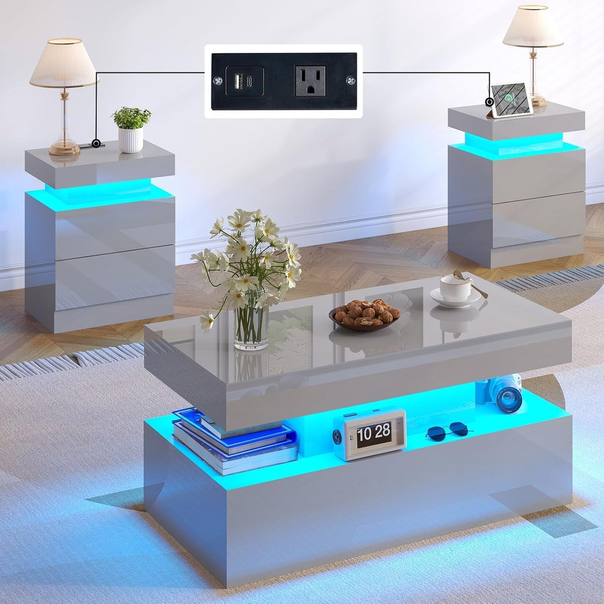 LUXOAK 3-Piece Modern Coffee Table Set with LED